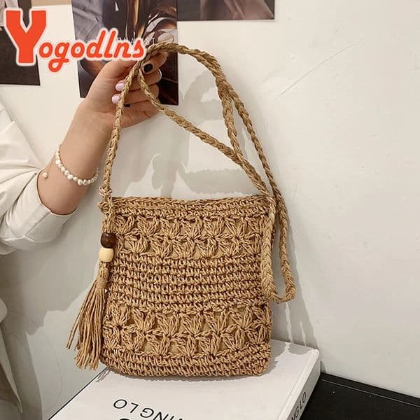 Yogodlns Bohemian Straw Bag Women Casual Travel Beach Bags Fashion Handmade Shoulder Kintted Crossbody Tassel Handbag 260408