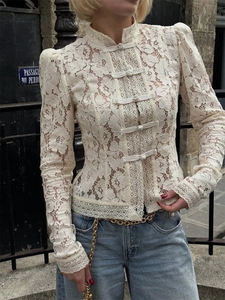 Tossy Summer Lace Printed Shirts Tops Female Hollow Out Fashion Commute Vintage See-Through Blouse Womens Lace Shrug Shirts 260409BJ
