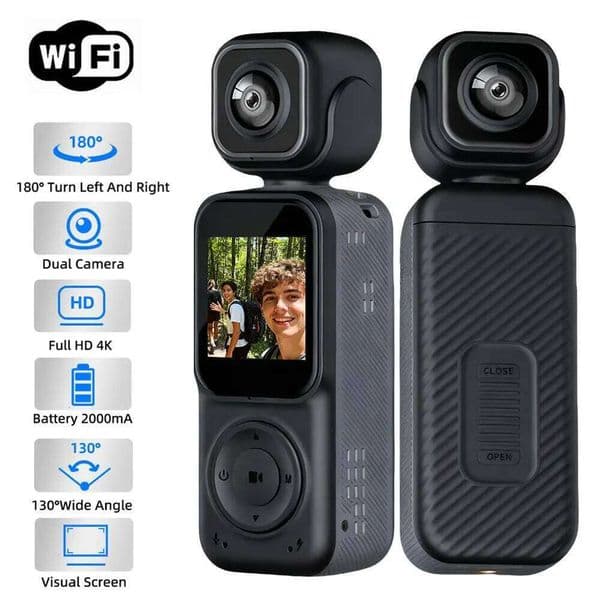 4K Dual Lens WIFI Action Camera Body Camera180 Rotatable Anti-shake Bodycam Portable Recorder for Bicycle Outdoor DV Recording 26H0409