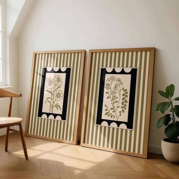 2pcs/set Bohemian Style Plant Canvas Prints Minimalist Striped Cottagecore Flower Wall Art Posters for Modern Home Decor 26H0407