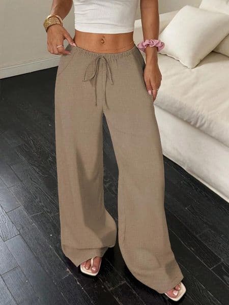 Women's Pants Casual Linen Wide Leg Mid Waist Long Trousers Comfortable Summer Fashion One Piece Ladies Clothing