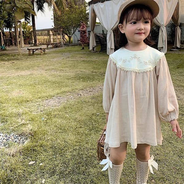 Toddler Girls Retro Dress Spring Autumn Cotton Lace Spliced Children Girls Vestidos Loose Long Sleeve Jacquared Babys Girl Dress 260408