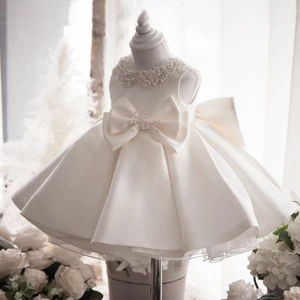 Toddler White Wedding Satin Princess Baby Girl Dress Big Bow 1 Year Birthday Baptism Party Dress for Girl Bridemaid Kids Clothin 260408