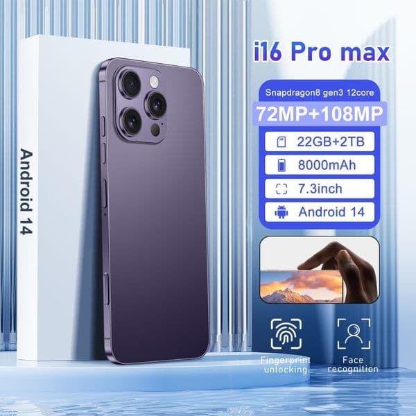 2026 New i16ProMax 5G smartphone Original global version Snapdragon 8 Gen3 10-core 7.3-inch screen resolution 1440*3200 50MP+108MP battery 8000mAh OTG fast charging