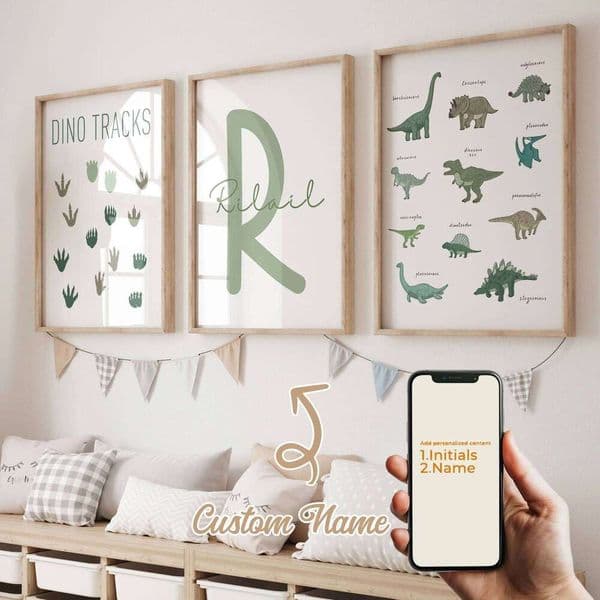 3pcs Personalized Custom Name Cartoon Children Dinosaur Wall Art Print Picture Canvas Poster Painting For Living Room Home Decor 26H0407