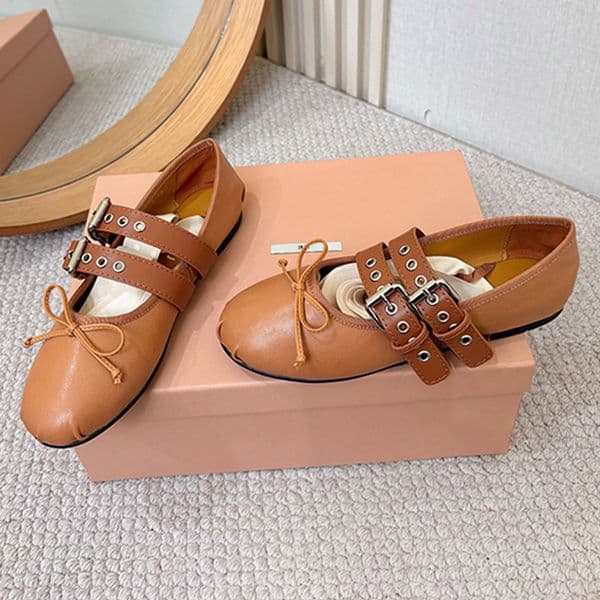 Designer 5F466 Nappa calf leather ballerinas womens sophisticated natural effect ballerina flats Lightweight anti slip TPU sole Bow Mary Jane shoes
