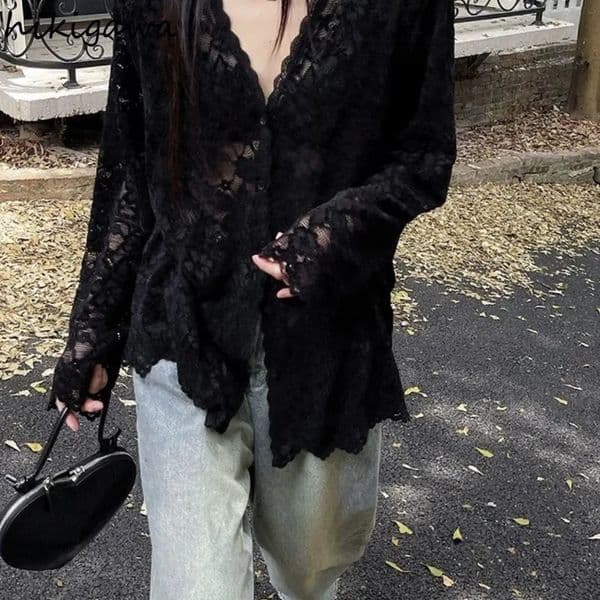 Long Sleeve Lace Blouse Clothing 2025 Blusas Mujer De Moda Hollow Out Sexy Tops See Through Fashion Summer White Shirts 260330