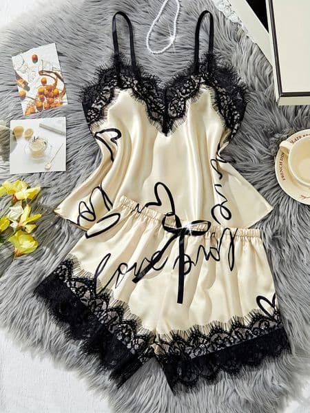 Womens Milk Silk Pajamas Set Summer Sleeveless Yellow Heart Print Lace Trim Soft Sleepwear Lounge Sets Nightwear 260409