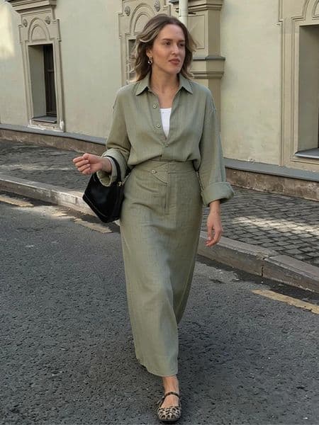 Womens Linen Two Piece Set Lapel Neck Button Down Long Sleeve Shirt High Waist Wrap Maxi Skirt 2026 Lady Casual Commute Outfit 260410BANJIA