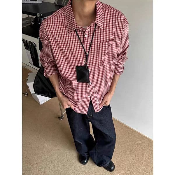 American Retro Style Plaid Shirt With Designer T-shirt A Turn-down Collar Unisex Long-sleeved Loose-fitting With A Unique Patchwork Design Spring/summer Jacket