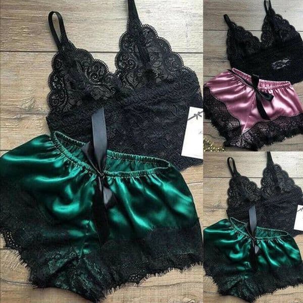 Free Shipping 2PCS Womens Lace Sleepwear Lingerie Tops Shorts Set Babydoll Casual Pajamas Nightwear