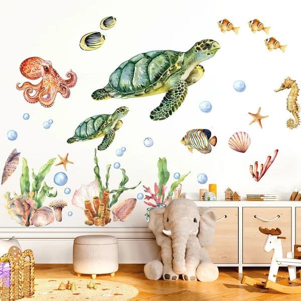 Watercolor Turtle Octopus Wall Sticker Nursery Kids Room Sea World Ocean Coral Horse Decal Bedroom Living Decor 260410