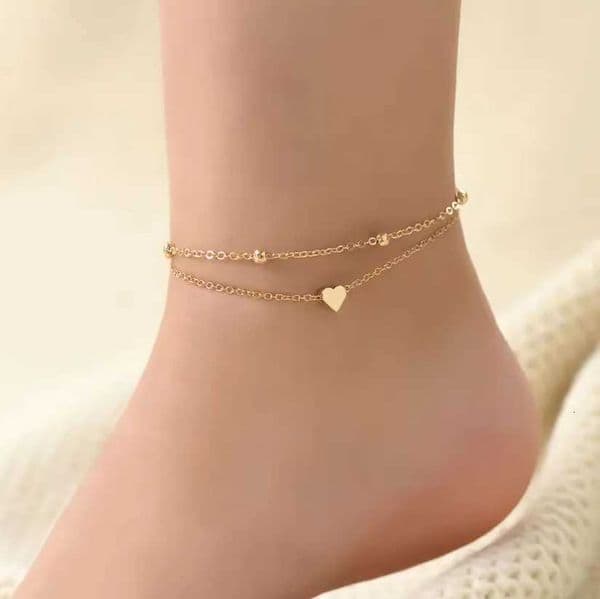 Single-piece womens gold double-layered heart anklet simple beach foot jewelry suitable for beach vacations and leisure activ X260410