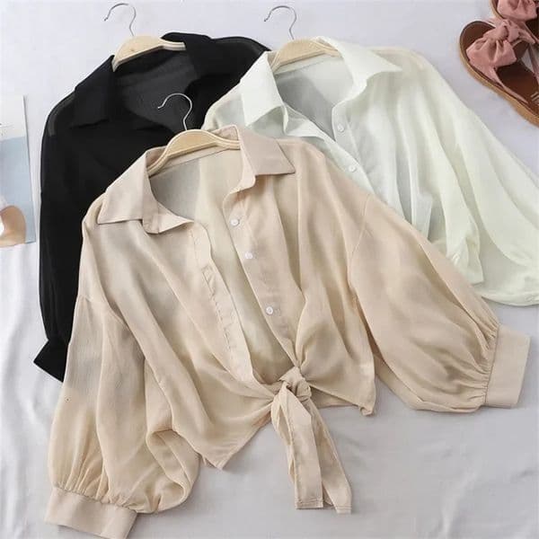 Chiffon Shirt 2025 Summer Half Sleeve Buttoned Up Loose Casual Blouse Tie Waist Elegant Blouses for Women 260330