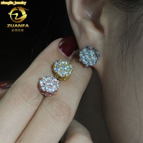 10mm wide new S925 silver moissanite full-inlaid floral stud earrings hip-hop personality earrings