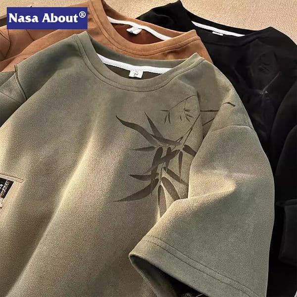 Bestseller NASA Chinese Style Short-Sleeve T-Shirt For Men, Summer New Heavyweight Pure Cotton Bamboo Print Trendy Loose Fit Half-Sleeve Ddmysat
