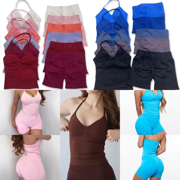 new DF Impact yoga outfits Workout Sets Longline Strappy Top Gym Set clothing Women Backless Tank Tops Scrunch Seamless Shorts Gym Suit Fitness Clothes Activewear