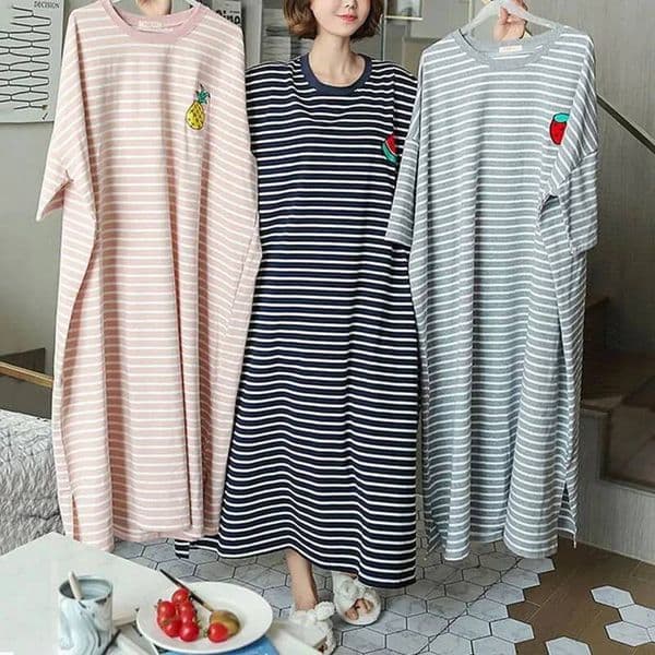 Free Shipping Women's Striped Fruit Print Nightshirt Short Sleeve Loose Fit Sleep Dress Wearable Outside Soft Student Pajamas Easy To Wash