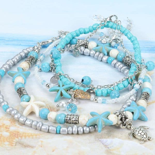 New Foreign Trade Model: Turquoise Pearl Starfish Turtle Multi-layer Anklet, Vintage Classic Beach Anklet Set