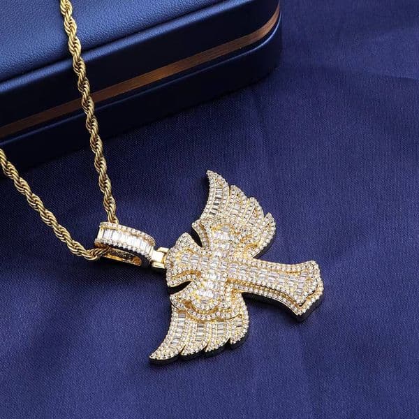Opulent Gold Tone Twisted Rope Chain Baguette Moissaniteia Iced Out Winged Cross Pendant Necklace