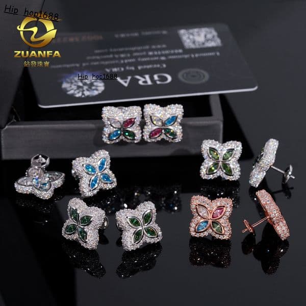 2025 New High-End 925 Silver Earrings with Colorful Moissanite Four-Leaf Clover Design Passes Diamond Tester
