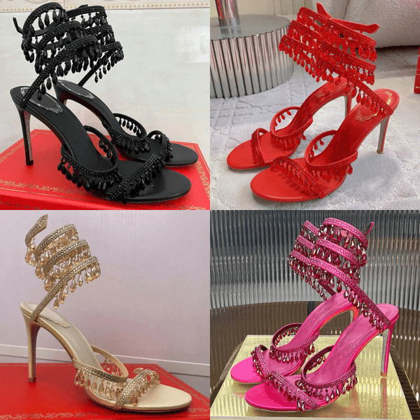 Crystal lamp stiletto Heel sandals for womens shoe rhinestone studded Snake Strass shoes Luxury Designers 9.5cm high heeled sandal With box big size 34-43 Top