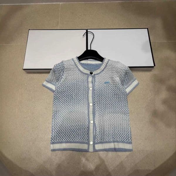 Designer Women's Tanks & Camis Spring/Summer New Knitted Blue Hollow Short-Sleeve Cardigan Top Y8BC