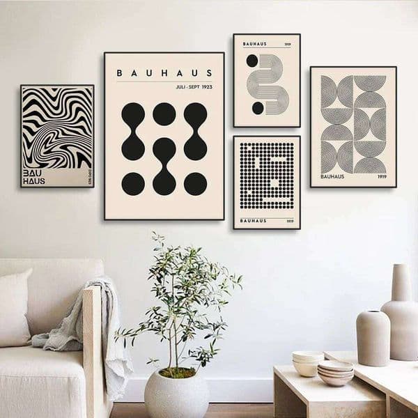 Abstract Bauhaus Style Geometric Posters Canvas Painting Black Linen Beige Background Pictures and Prints Wall Art Home Decor 26W0410