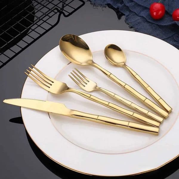 Luxury Designer Decor Stainless Steel Tableware Bamboo room Festival Design Cutlery Knife Fork Spoon Flatware High Quality Golden Dinnerware 18