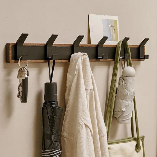 BAKALABlack Wood Wall Hook Hanging Coat Rack for Bathroom Kitchen Bedroom Hallway Clothes Holder 260410