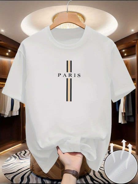 Mens new polyester fabric comfortable and breathable round neck T-shirt Paris letter printed pattern outdoor casual top H260411