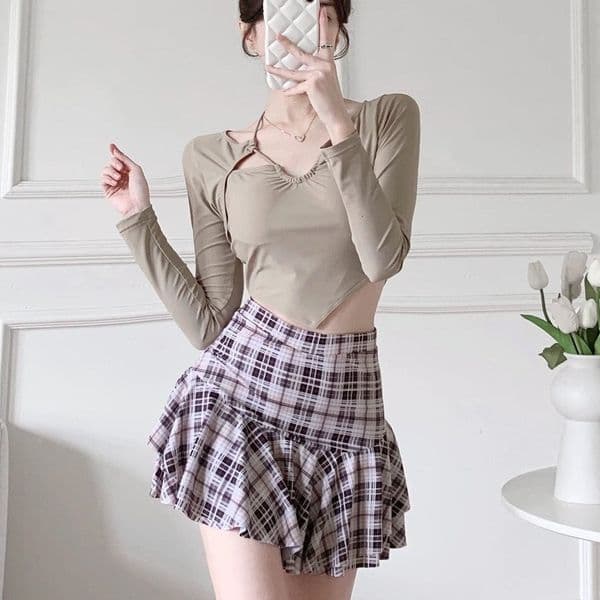 New Two-Piece Skirt-Style Long-Sleeve Conservative Student Swimsuit For Women, Sun-Protective, Tummy-Concealing, Slimming, Ins Korean Hot Spring Vacation