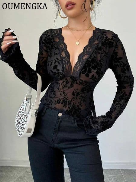 OUMENGKA Women Spring Summer Fitted Elegant Simple Fan-Shaped V-Neck Shr Lace Patchwork Slim Long Slve Top T260410