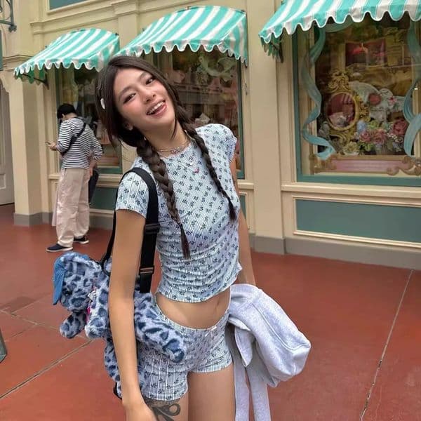 Bestseller Short-Sleeved Two-Piece Conservative Swimwear With Boxer Shorts, Blue And Gray Floral Pattern, High-End Feel, 2025 Hot-Selling Sexy Swimsuit Ddmytiger