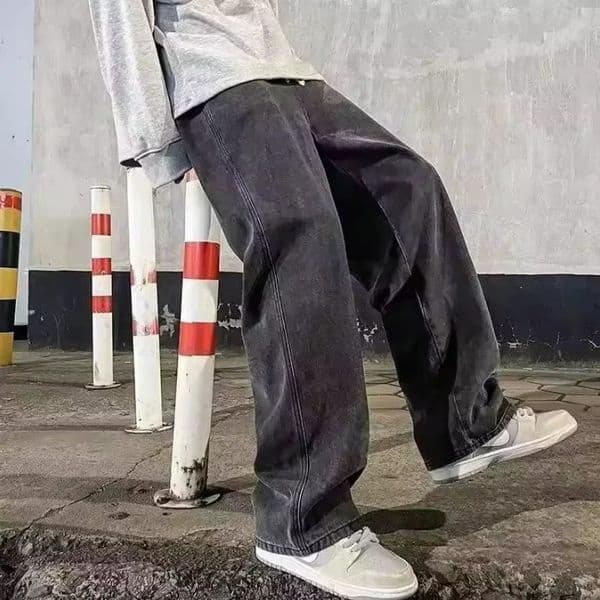 2025 Streetwear Loose Jeans Men Korean Style Fashion Straight Wide Leg Pants Mens Clothing Black Light Blue 260330