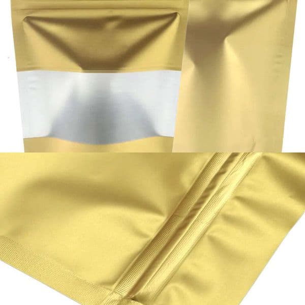 Wholesale 100Pcs Stand Up Aluminum Foil Pouch, Matte Gold Reusable Heat Sealable Snack Cookie Food Ziplock Packaging Mylar Bags With Window B2