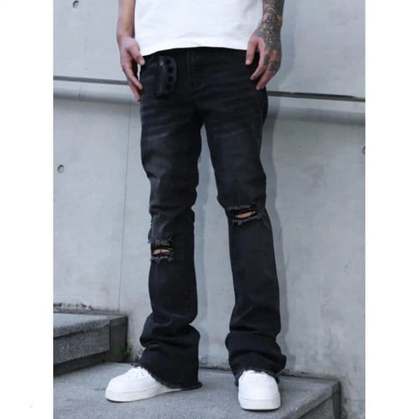 Mens Americanstyle vintage ripped knee jeans highstreet straightleg pants slight flare suitable for all seasons 260410BANJIABANJIA