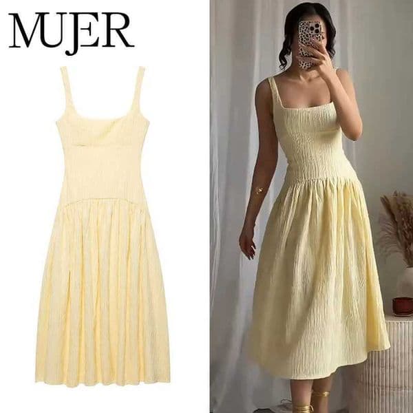 MUJER Pleated Slip Midi Dress Woman Elegant Party Long Dresses for Women Casual Womens Summer Dress Straps Beach Female Dress C260411