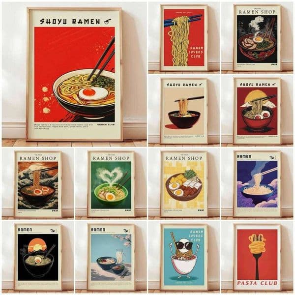 Ramen Poster, Japanese Noodle Soup Wall Art Print, Retro Sunset Style, Kitchen Decor, Asian Food Artwork, Unframed Illustration 26Y0411