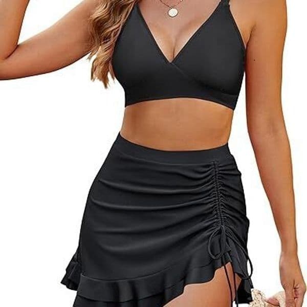 two-piece swimsuit with printed high-waisted drawstring ruffle skirt, fashion swimwear, bikini