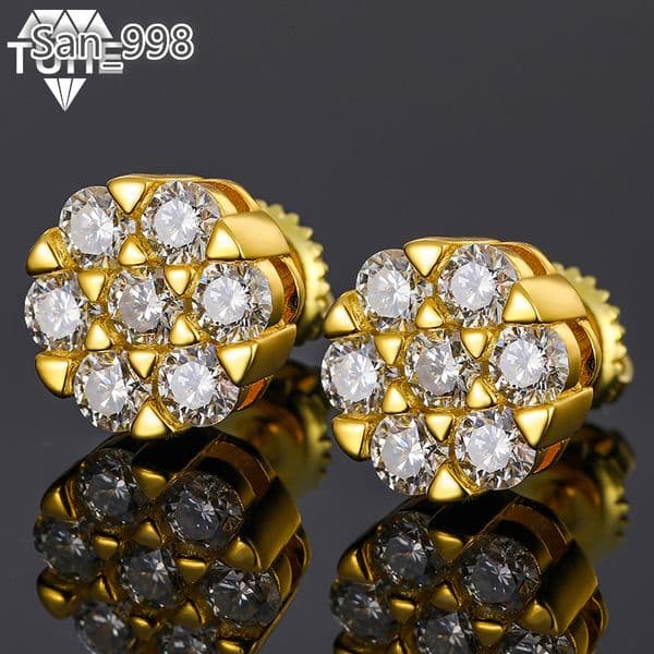 Hot Sale Fashion 18K Gold Plated 925 Sterling Silver VVS Moissanite Diamond Honeycomb Screw Back Stud Earrings for Men