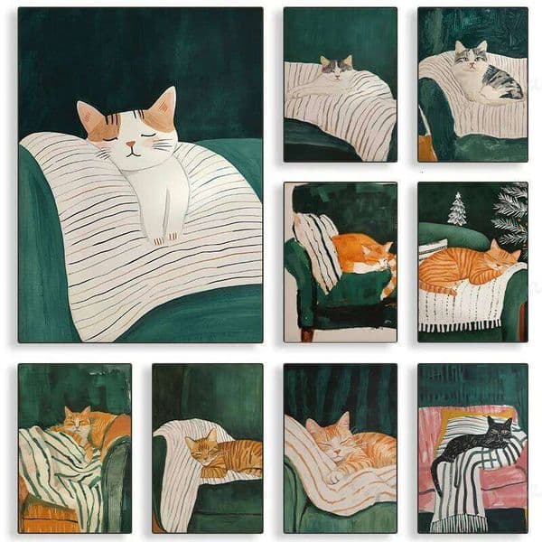 Sleeping Cat Kitten Dark Green Posters and Prints Canvas Printing Minimalist Wall Art Picture for Living Room Home Decor Gifts 26Y0411