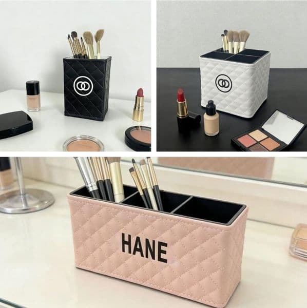 Hot Luxury Home Office Item leather designer classic letter logo Makeup Brush Student Pen Holder Dressing Table Desktop Multi functional Storage Box
