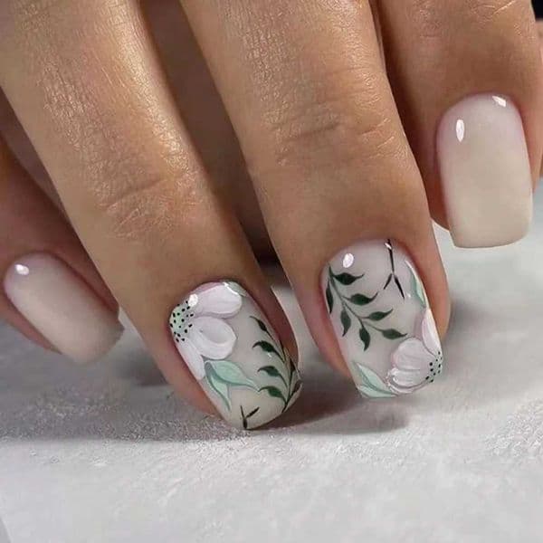 24Pcs Sping Summer Flower Fake Nails with Green Leaves Design Short Square False Nails Wearable Acrylic Finished Press on Nails X260411 X260411