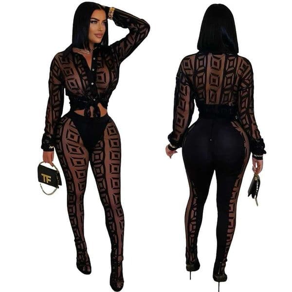 Sexy Mesh S Through Women 2 Piece Outfit Sets 2025 New Female Strtwear Clothing Long Slve Crop Top and Skiny Pants Suits T260410