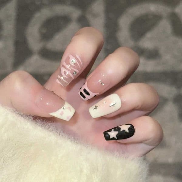 10Pcs Mid-length French Ballet Blush Pink Star Pattern Manicure Wearable Light Luxury Press on Nail Tips Art for Gift Detachable X260411