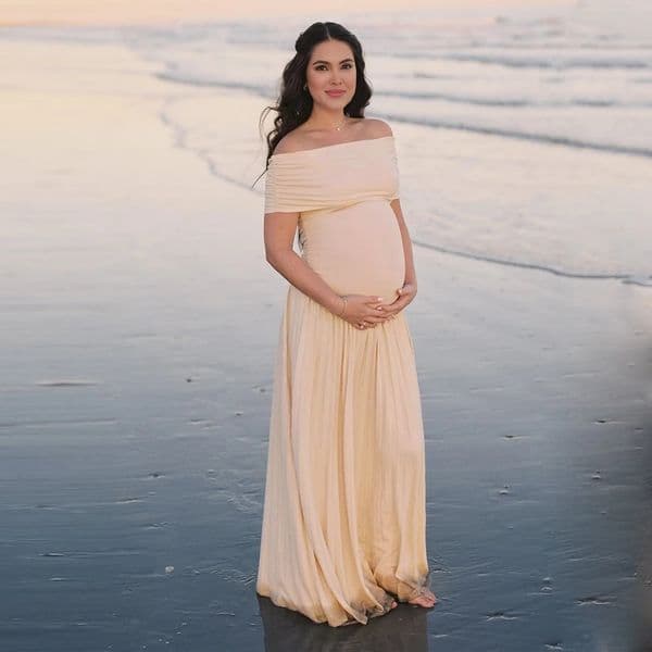 Maternity Off-Shoulder Bodycon Backless Summer Long Dress Pleated Maxi Gown for Baby Shower Poshoot 260409