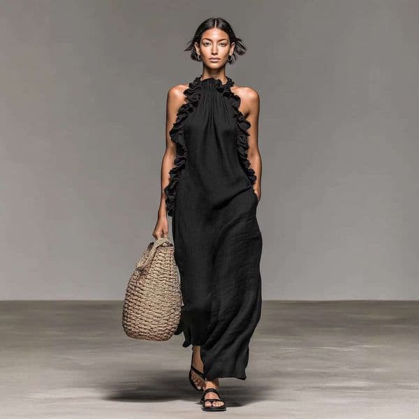 2026 European And American Resort Style Ruffled Halter Neck Sleeveless Dress For Women, Summer Loose Slimming Long Dress, Women's Clothing spaghetti strap dress