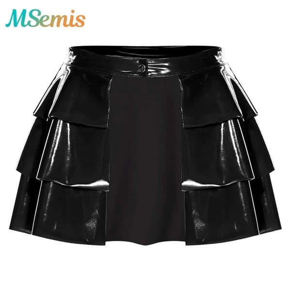 Womens Glossy PU Leather Latex Skirt Sexy Rave Costume Front Open One-button Waist Tiered Ruffled Hem A-line Miniskirt Clubwear S26411