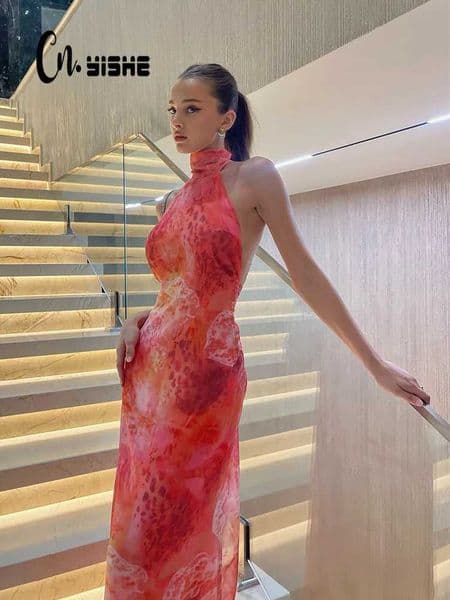 CNYISHE Prints Mesh Shr Halter Slveless Backless Sheath Fashion Holiay Outfits Chic Sexy Club Women Dresses Female Bodycon T260410